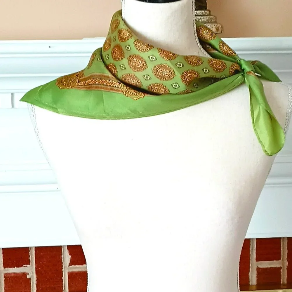 Women's Green Medallion Square Scarf 23” Vintage Green with Golden Pattern